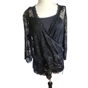 Studio 1940 Lace Babydoll  Y2K Wrap Top Womens L Black Whimsigoth Fairy Grunge
